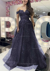 Prom Dress Inspo, A-line Off-the-Shoulder Regular Straps Long/Floor-Length Tulle Prom Dress With Appliqued Glitter