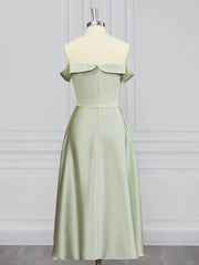 Homecoming Dress Shopping, A-line Off-the-Shoulder Ruffles Tea-Length Charmeuse Bridesmaid Dress