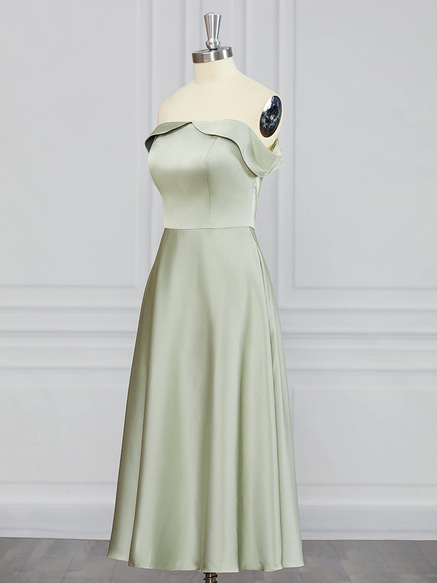 Homecoming Dress Shops, A-line Off-the-Shoulder Ruffles Tea-Length Charmeuse Bridesmaid Dress