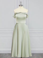 Homecoming Dresses Shop, A-line Off-the-Shoulder Ruffles Tea-Length Charmeuse Bridesmaid Dress