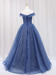 Bridesmaid Dresses Fall Colors, A Line Off the Shoulder Shiny Blue Long Prom Dresses, Off Shoulder Shiny Blue Formal Evening Dresses