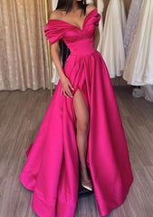 Party Dress For Summer, A-line Off-the-Shoulder Short Sleeve Satin Long/Floor-Length Prom Dress With Ruffles Split