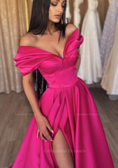 Party Dresses For Summer, A-line Off-the-Shoulder Short Sleeve Satin Long/Floor-Length Prom Dress With Ruffles Split