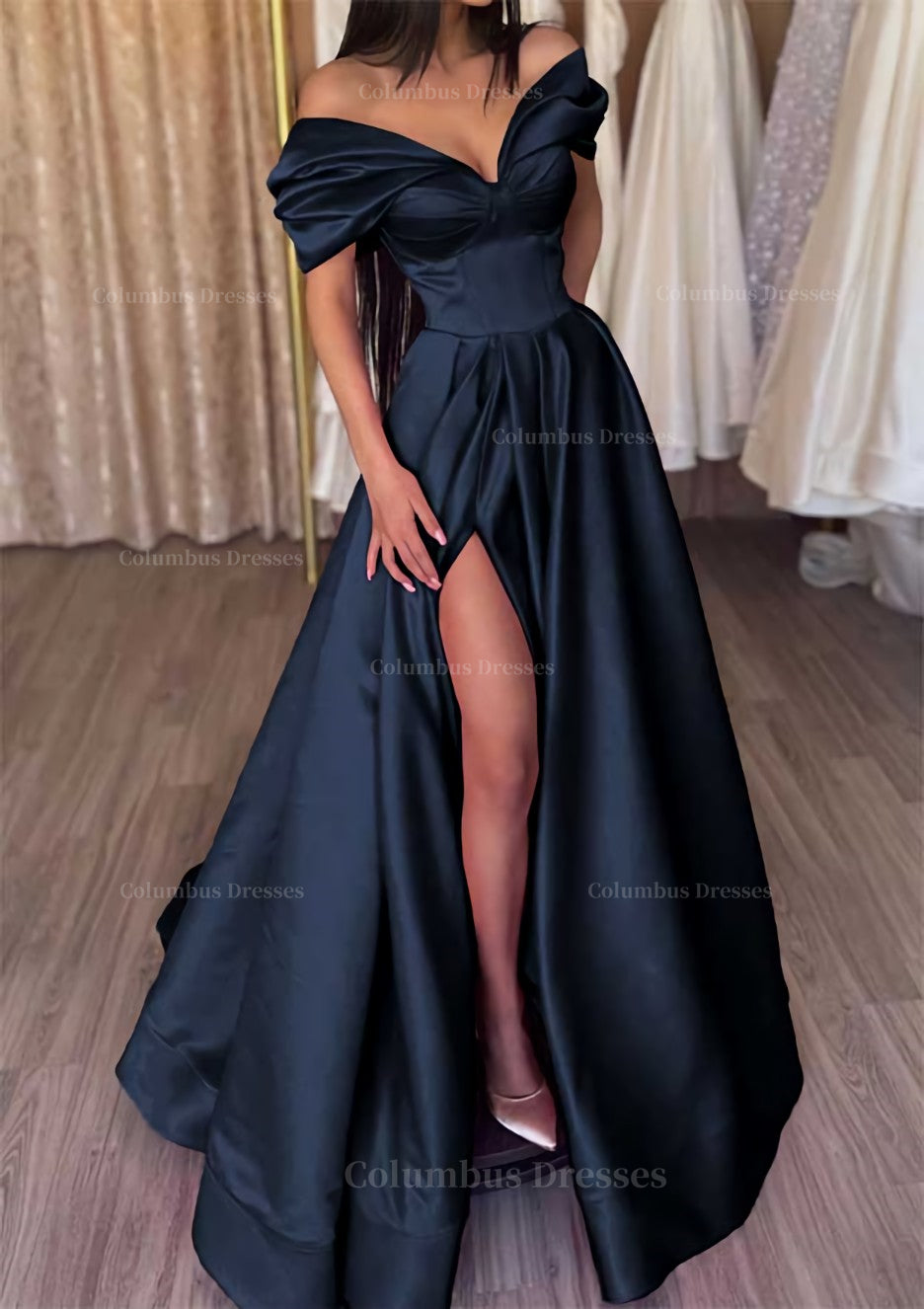 Party Dresses For Teenage Girls, A-line Off-the-Shoulder Short Sleeve Satin Long/Floor-Length Prom Dress With Ruffles Split
