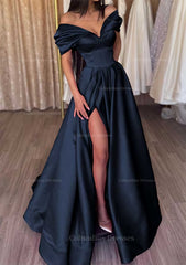 Party Dresses For Teenage Girls, A-line Off-the-Shoulder Short Sleeve Satin Long/Floor-Length Prom Dress With Ruffles Split