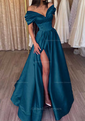 Party Dresses For Teenage Girl, A-line Off-the-Shoulder Short Sleeve Satin Long/Floor-Length Prom Dress With Ruffles Split