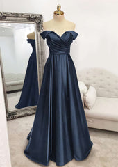 Bridesmaids Dresses Idea, A-line Off-the-Shoulder Sleeveless Long/Floor-Length Satin Prom Dress With Pleated