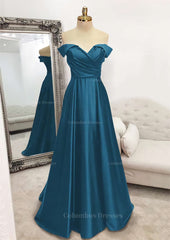 Bridesmaides Dress Ideas, A-line Off-the-Shoulder Sleeveless Long/Floor-Length Satin Prom Dress With Pleated
