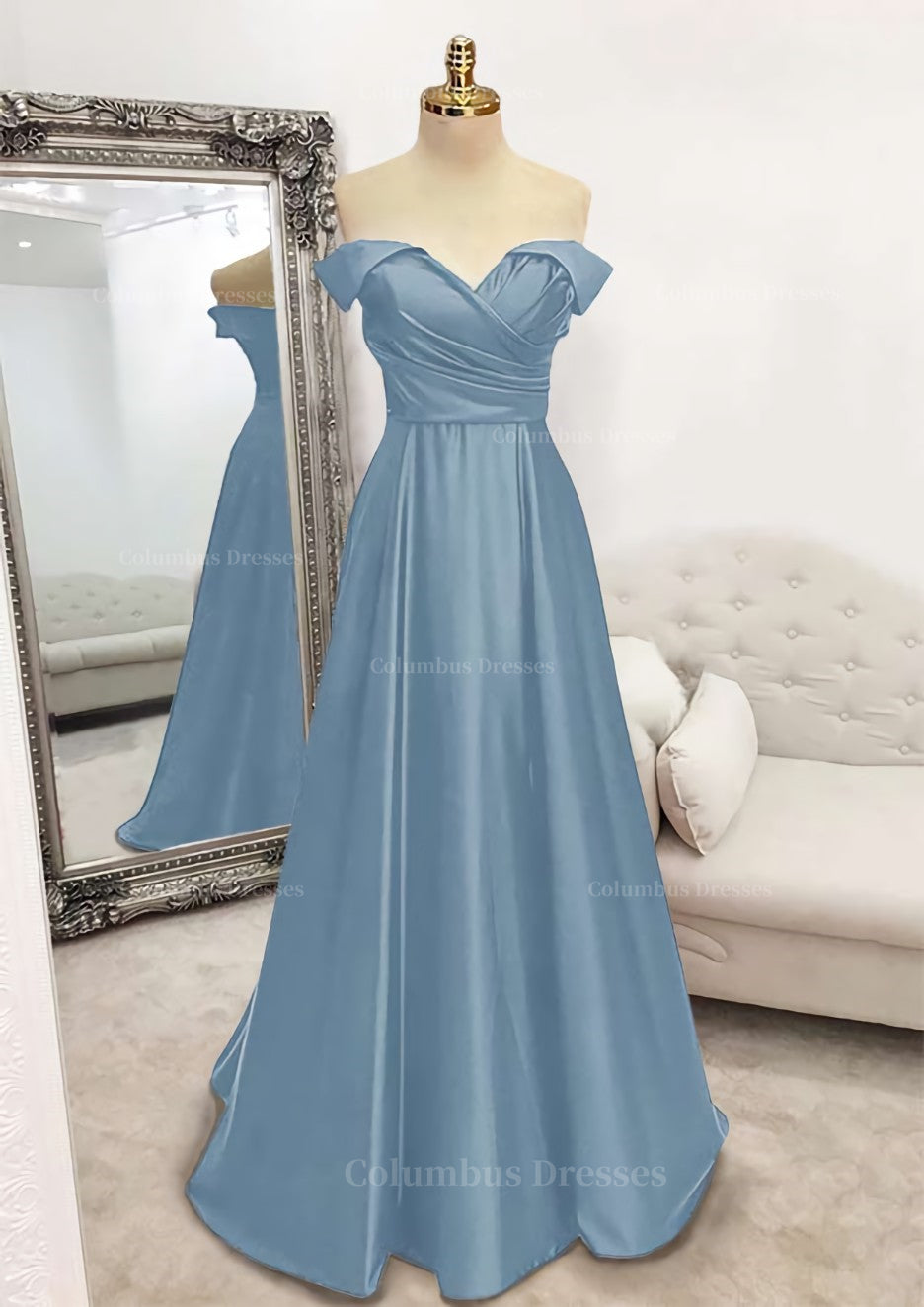 Bridesmaid Dresses Idea, A-line Off-the-Shoulder Sleeveless Long/Floor-Length Satin Prom Dress With Pleated
