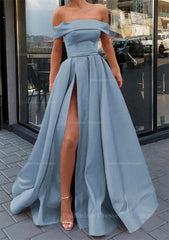 Bridesmaids Dresses Purple, A-line Off-the-Shoulder Sleeveless Long/Floor-Length Satin Prom Dress With Split