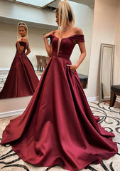 Formal Dresses 2045, A-line Off-the-Shoulder Sleeveless Satin Sweep Train Prom Dress With Pockets
