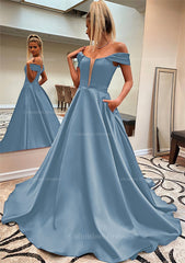 Formal Dresses 2046, A-line Off-the-Shoulder Sleeveless Satin Sweep Train Prom Dress With Pockets