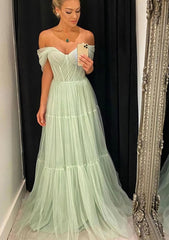 Elegant Wedding Dress, A-line Off-the-Shoulder Sleeveless Sweep Train Tulle Prom Dress With Pleated