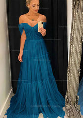 Wedding Bouquet, A-line Off-the-Shoulder Sleeveless Sweep Train Tulle Prom Dress With Pleated