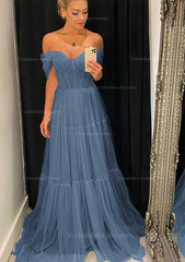 Bridesmaid Dresses Yellow, A-line Off-the-Shoulder Sleeveless Sweep Train Tulle Prom Dress With Pleated