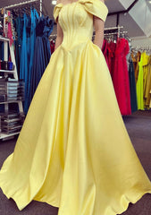 Prom Dress 2048, A-line Off-the-Shoulder Strapless Long/Floor-Length Satin Prom Dress With Pleated Pockets