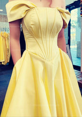 Prom Dress Inspiration, A-line Off-the-Shoulder Strapless Long/Floor-Length Satin Prom Dress With Pleated Pockets