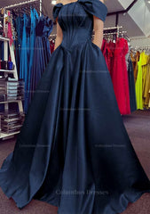 Prom Dress Shopping, A-line Off-the-Shoulder Strapless Long/Floor-Length Satin Prom Dress With Pleated Pockets