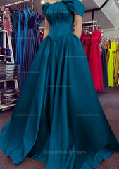 Prom Dress Shop, A-line Off-the-Shoulder Strapless Long/Floor-Length Satin Prom Dress With Pleated Pockets