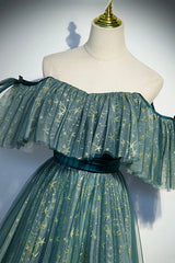 Cute Summer Dress, A-Line Off the Shoulder Tulle Long Prom Dress, Green Evening Party Dress
