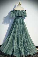 Homecoming, A-Line Off the Shoulder Tulle Long Prom Dress, Green Evening Party Dress