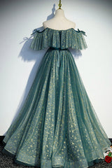 Formal Dress Short, A-Line Off the Shoulder Tulle Long Prom Dress, Green Evening Party Dress