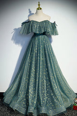 Prom Ideas, A-Line Off the Shoulder Tulle Long Prom Dress, Green Evening Party Dress