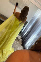 A Line Off the Shoulder Yellow Long Prom Dress with Slit