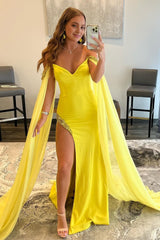 A Line Off the Shoulder Yellow Long Prom Dress with Slit