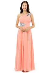 Homecome Dresses Short Prom, A-line One-shoulder Chiffon Beaded Crystals Coral Bridesmaid Dresses