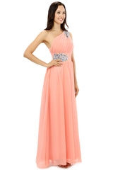 Homecoming Dresses Vintage, A-line One-shoulder Chiffon Beaded Crystals Coral Bridesmaid Dresses