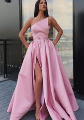 Formal Dresses Ballgown, A-line One-Shoulder Long/Floor-Length Satin Prom Dress With Pockets Waistband Split