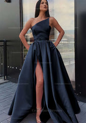 Formal Dress Ballgown, A-line One-Shoulder Long/Floor-Length Satin Prom Dress With Pockets Waistband Split