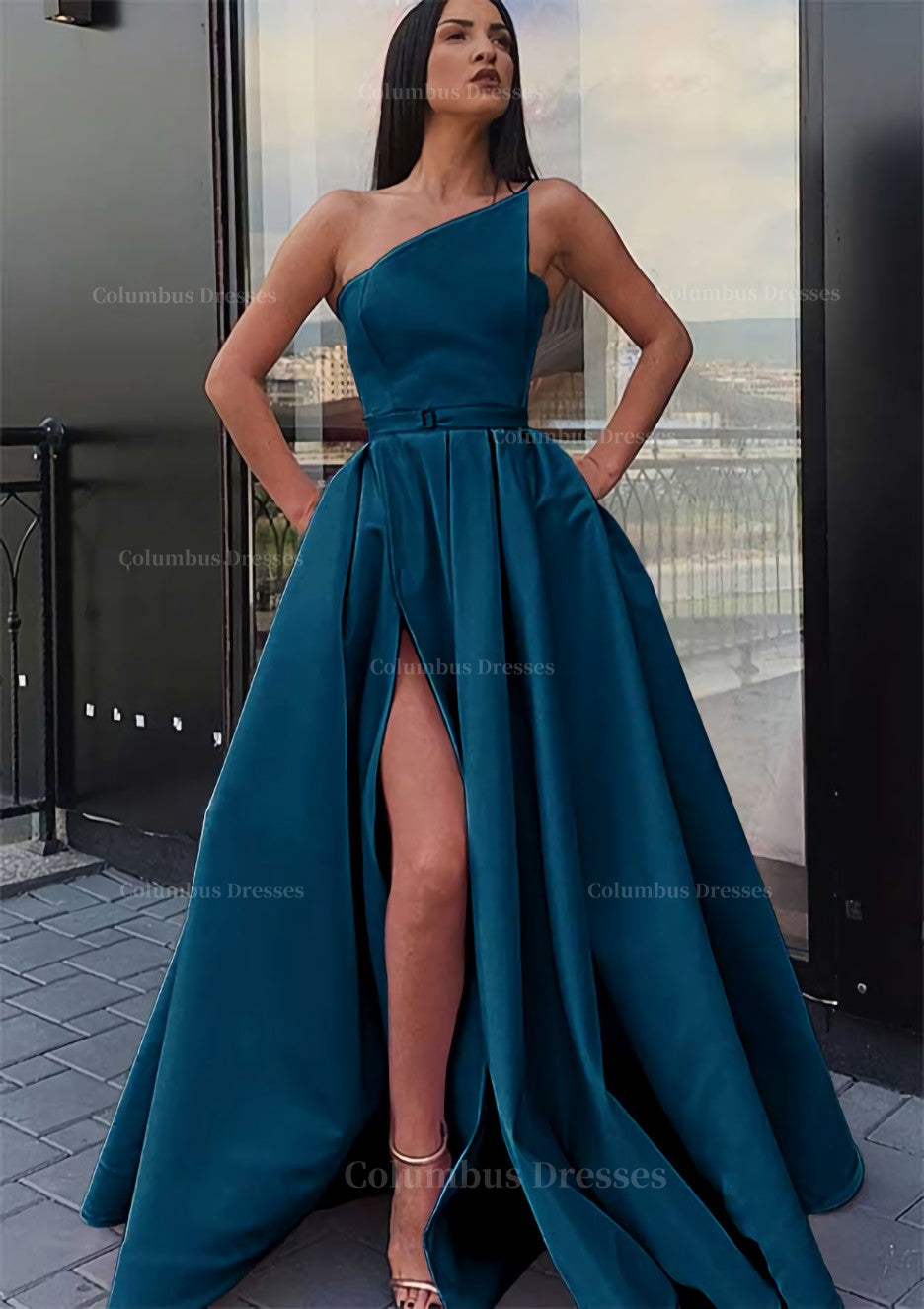Formal Dress Party Wear, A-line One-Shoulder Long/Floor-Length Satin Prom Dress With Pockets Waistband Split