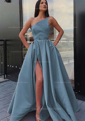 Formal Dress Australia, A-line One-Shoulder Long/Floor-Length Satin Prom Dress With Pockets Waistband Split