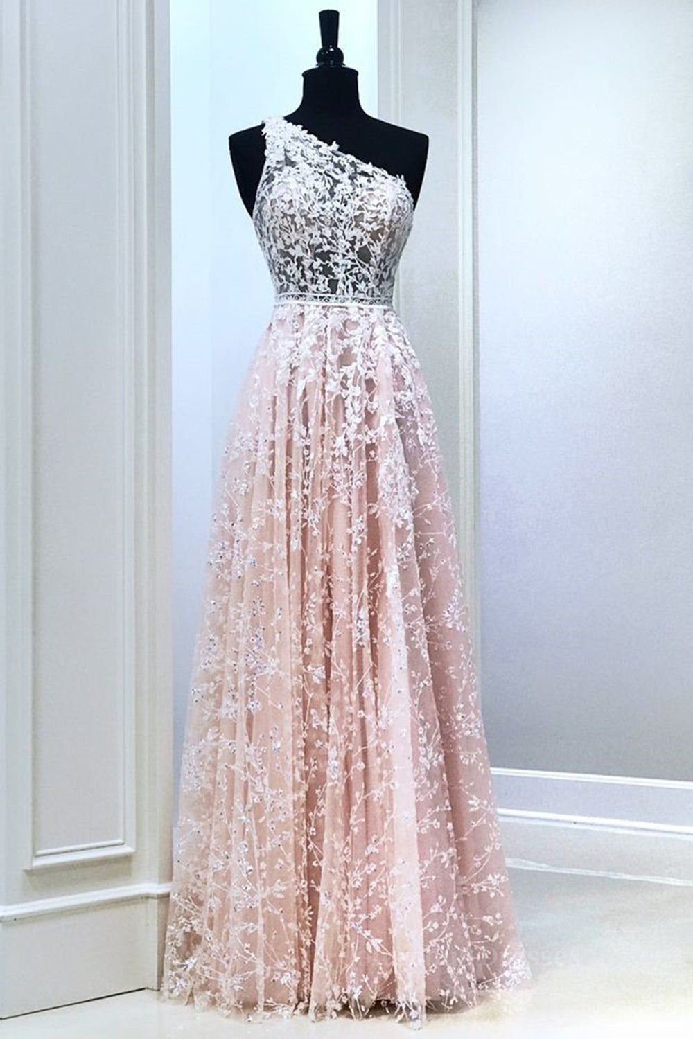 Bridesmaid Dress By Color, A Line One Shoulder Pink Lace Long Prom Dress, Pink Lace Formal Dress, Pink Evening Dress