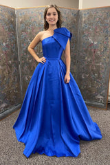 A Line One Shoulder Royal Blue Long Prom Dress with Bowknot