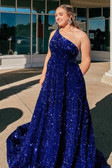 A Line One Shoulder Royal Blue Sequins Long Prom Dress