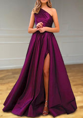 Prom Dresses2046, A-line One-Shoulder Satin Prom Dress With Pleated Split