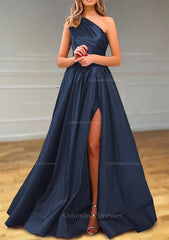 Prom Dresses Princesses, A-line One-Shoulder Satin Prom Dress With Pleated Split