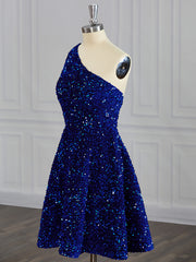 Homecoming Dresses With Sleeves, A-line One-Shoulder Sequin Short/Mini Velvet Sequins Dress