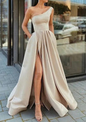 Prom Inspo, A-line One-Shoulder Sleeveless Long/Floor-Length Satin Prom Dress With Ruffles Split