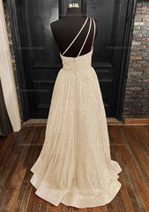 Prom Dresses Short, A-line One-Shoulder Sleeveless Long/Floor-Length Sequined Prom Dress With Pockets