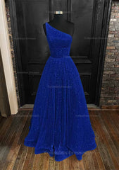 Prom Dresses Under 130, A-line One-Shoulder Sleeveless Long/Floor-Length Sequined Prom Dress With Pockets