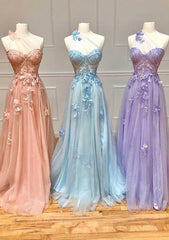 Evening Dresses Elegant Classy, A-line One-Shoulder Sleeveless Long/Floor-Length Tulle Prom Dress with Appliqued Split