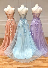 Evening Dress Elegant Classy, A-line One-Shoulder Sleeveless Long/Floor-Length Tulle Prom Dress with Appliqued Split