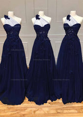 Evening Dress Italy, A-line One-Shoulder Sleeveless Long/Floor-Length Tulle Prom Dress with Appliqued Split