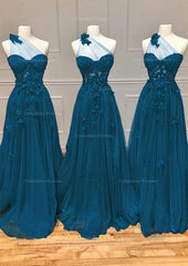 Evening Dresses Petite, A-line One-Shoulder Sleeveless Long/Floor-Length Tulle Prom Dress with Appliqued Split