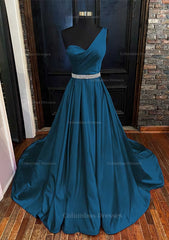 Formals Dresses Long, A-line One-Shoulder Sleeveless Satin Long/Floor-Length Prom Dress With Beading Pleated