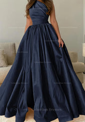Evening Dress Vintage, A-line One-Shoulder Sleeveless Sweep Train Satin Prom Dress with Pleated